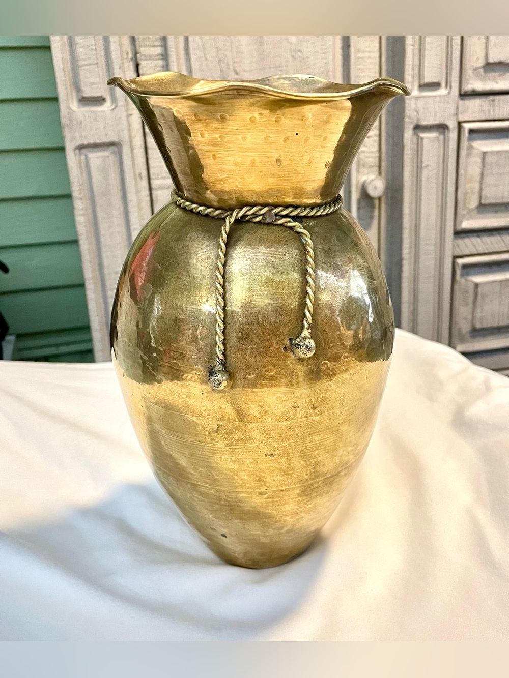 VTG Hammered Brass Vase w/Ruffled Collar & Metal Braided Cording - Made In India